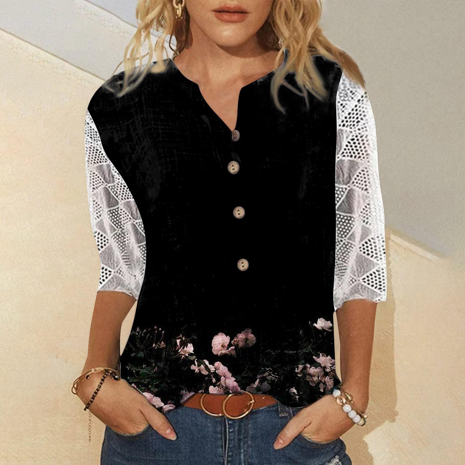 

Женские рубашки с v-образным вырезом и рукавами 3/4, кружевная повседневная блузка с принтом, свободные рабочие туники, топы XXL чёрный