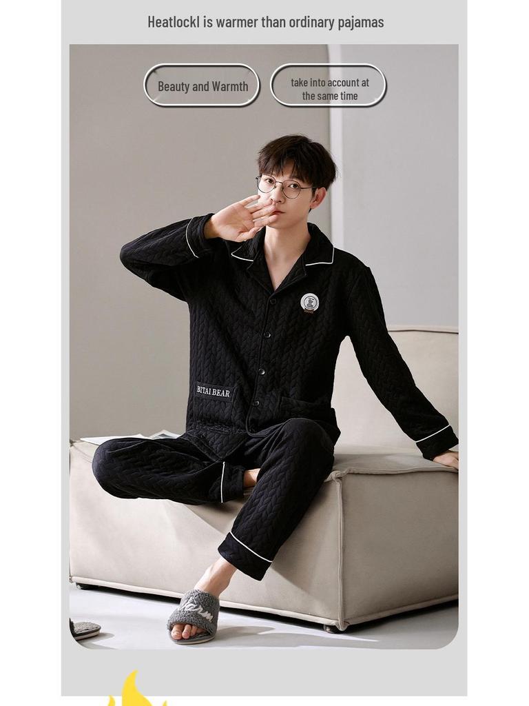 Couple's Warm Cartoon Pajamas Set: Thick Cotton, Korean Style, for Women & Men, Autumn/Winter