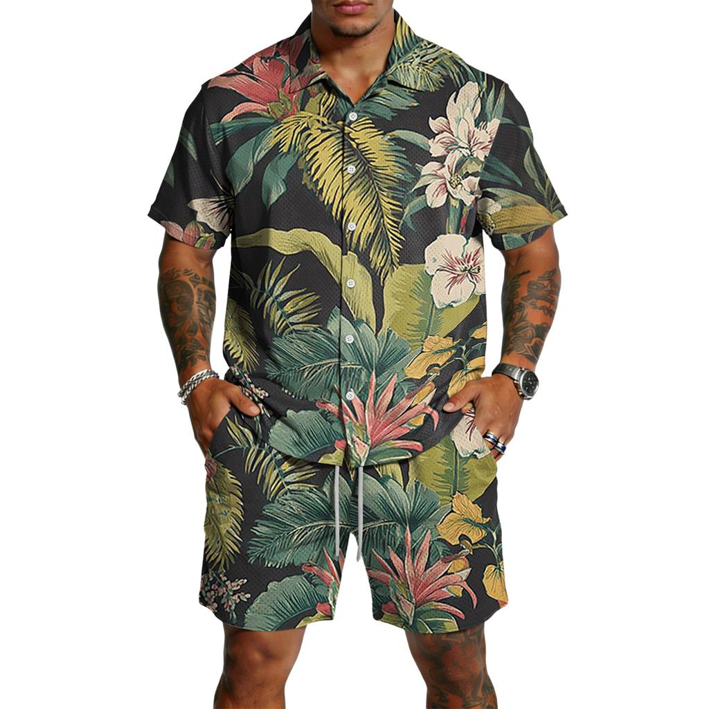 Men's Casual Printed Top and Drawstring Shorts Set Lightweight Breathable Set for Summer