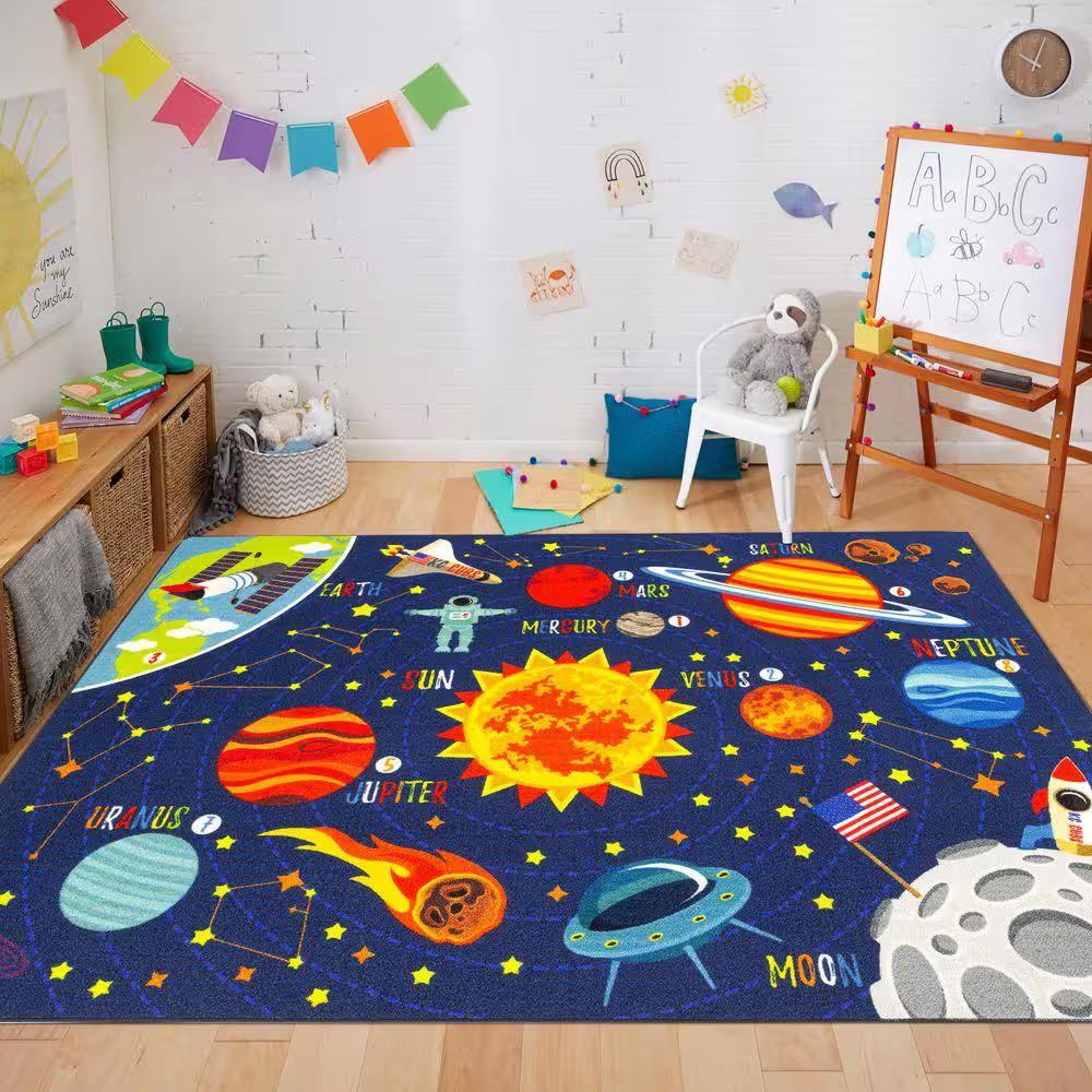 Cute Space Rocket and Planet Printed Floor Mat, Soft Rug for Kids Bedroom Living Room, Whimsical Home Decor Carpet