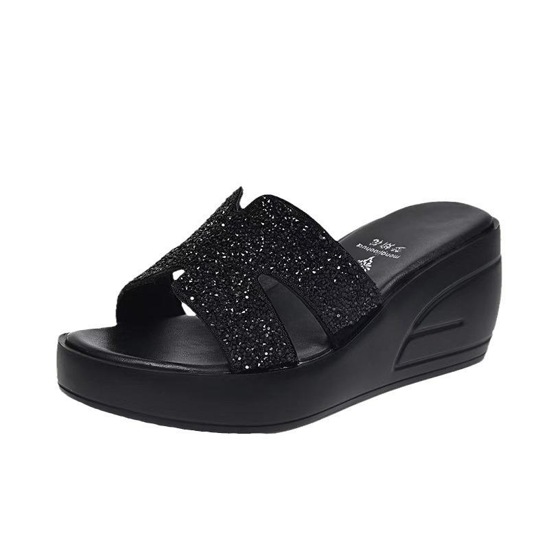 Slope heel rhinestone cool slippers women's high heel soft leather Korean version thick bottom H half drag summer outer wear muffin bottom one-word d