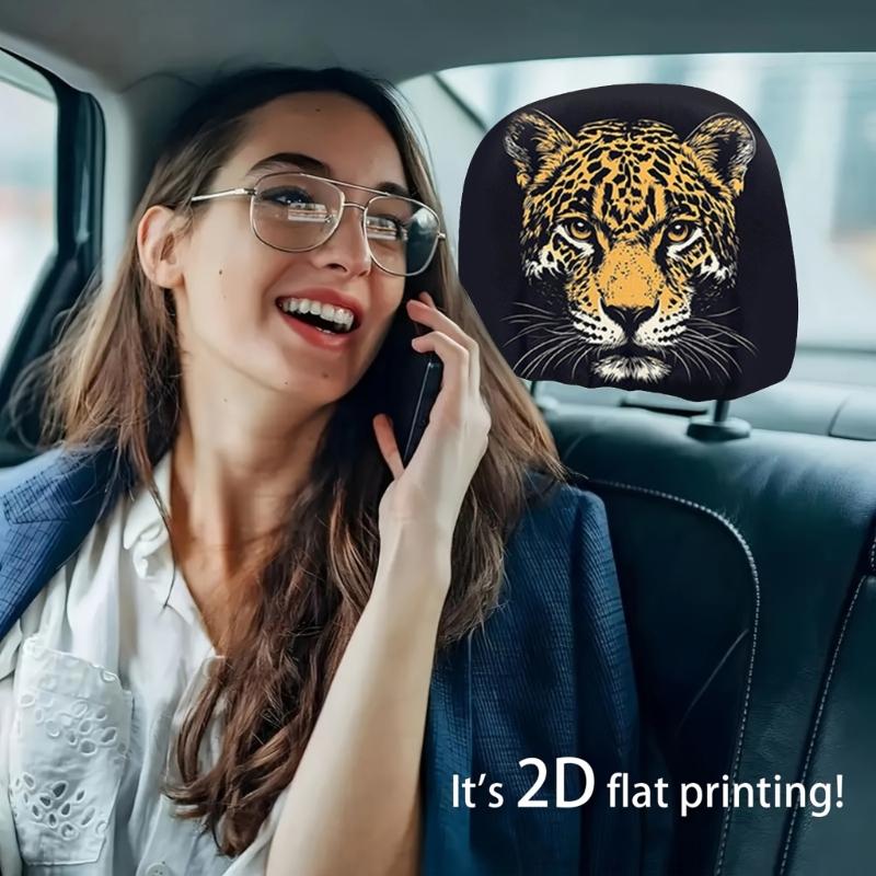 Headrest Cover Pair for Car Cabin Style, Animal Face Print on Polyester Fabric with Slip-On Elastic Edge Design for Daily Driving and Plain Headrest