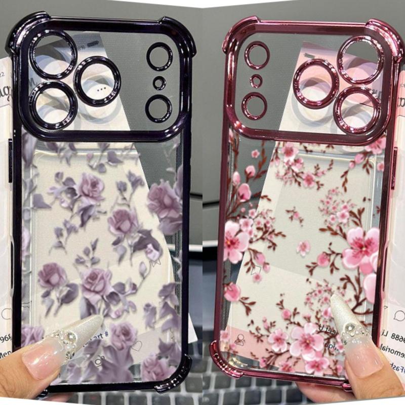 Case For iPhone 14 13 Pro Max 6 7 8 Plus 17 Air X XR XS Max Plating Violet Flowers Shockproof Transparent Soft Cover