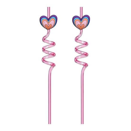 2Pcs Colorful Spiral Straws Creative Drinking Straws with Heart Lip Cake Charm Romantic Pink