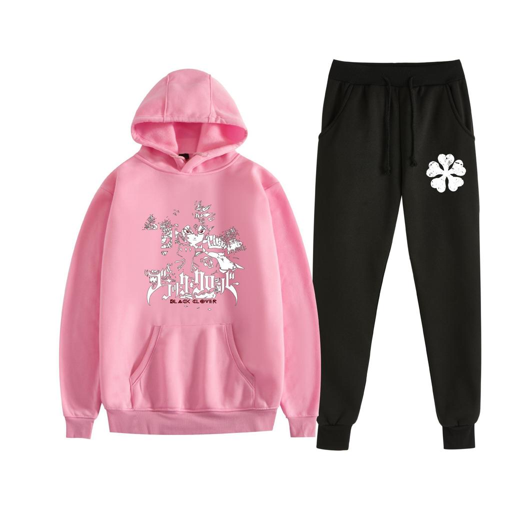 Europe, America, Autumn and Winter Black Four-leaf Clover Peripheral Two-dimensional Men's and Women's Leisure Sports Fleece Hooded Sweater Set 