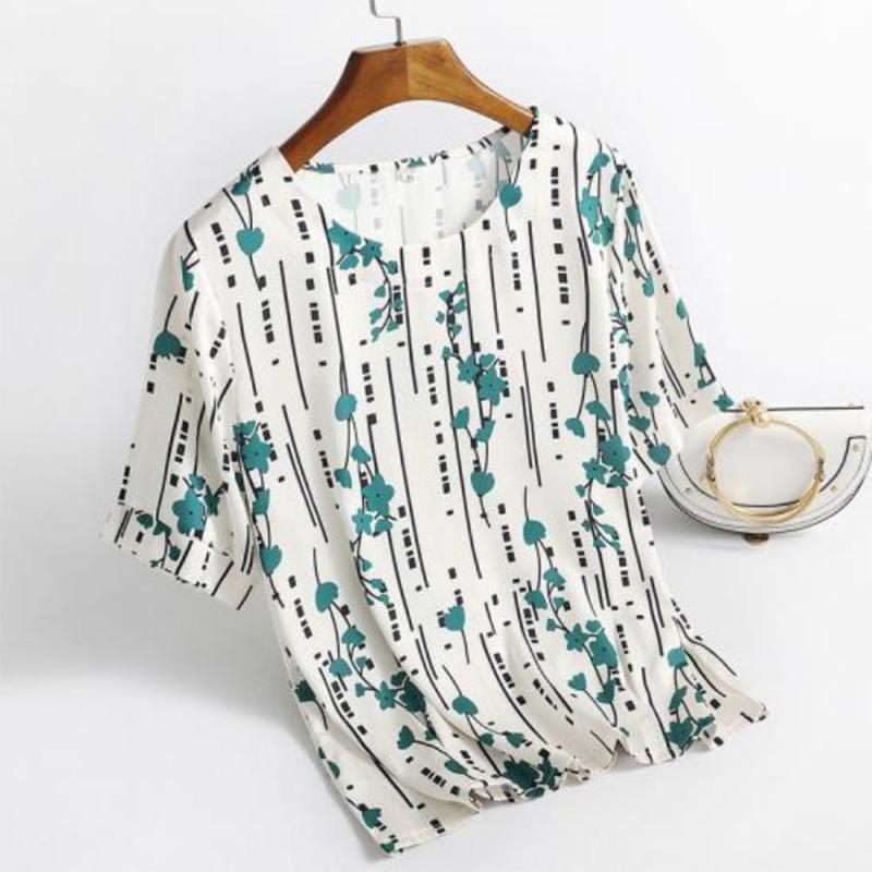 Eisseiden-T-Shirt für Damen mittleren und höheren Alters, Sommer, hochwertig, im westlichen Stil, modisch, große Größe, Druck, locker, bauchbedeckend, dünn, Oberteil für Mütter