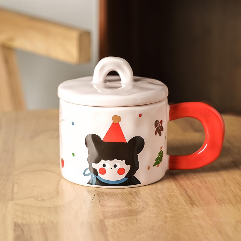 Retro Girl Mug with Lid Girl High Looking Ceramic Cup Creative Water Cup Office Coffee Breakfast Cup
