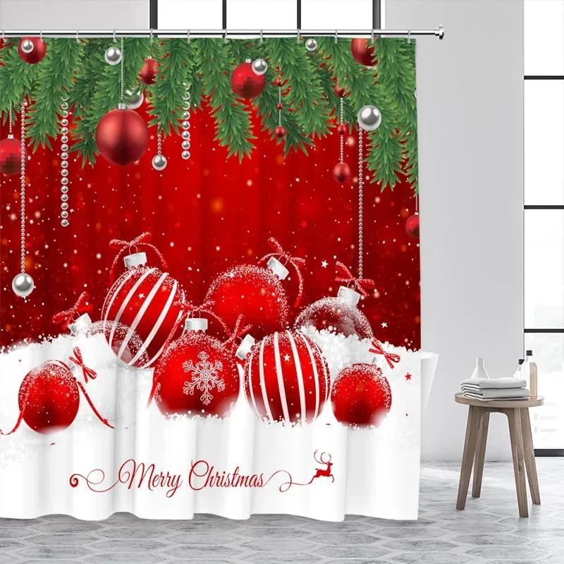 Christmas Balls Shower Curtain Green Pine Boughs Gold Stars Snowflakes New Year Xmas Bath Curtain Home Bathroom Decor With Hooks