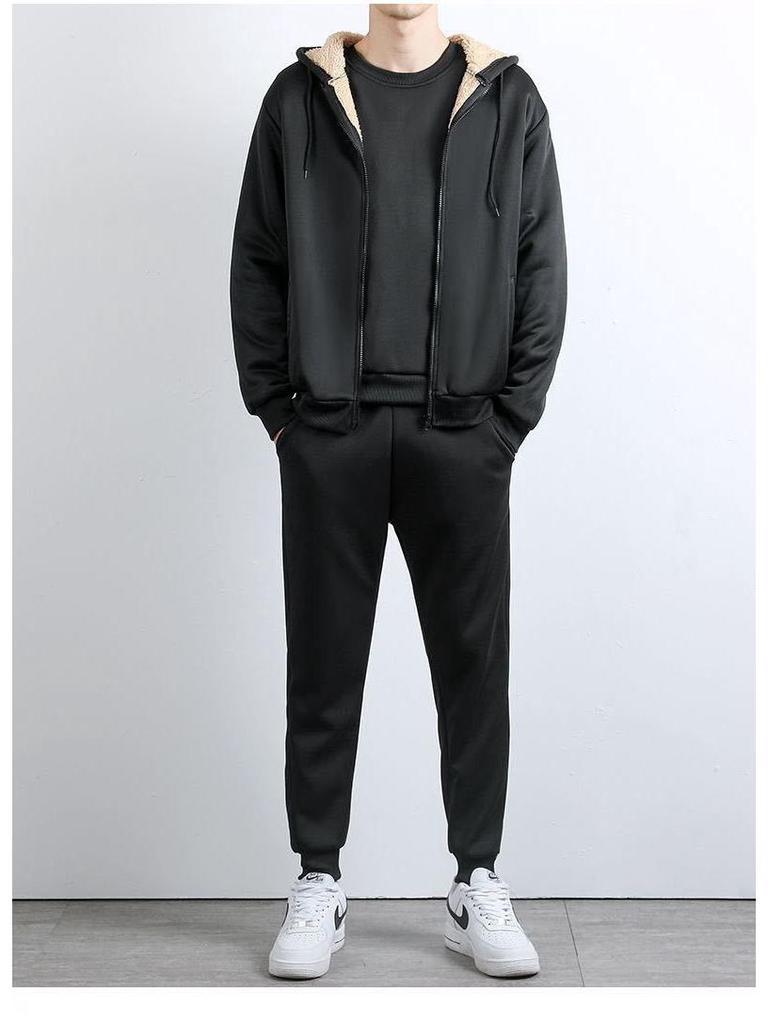 Pánská třídílná zimní sada: Kabát z jehněčí vlny, Volné ležérní kalhoty plus size, Trendy mikina