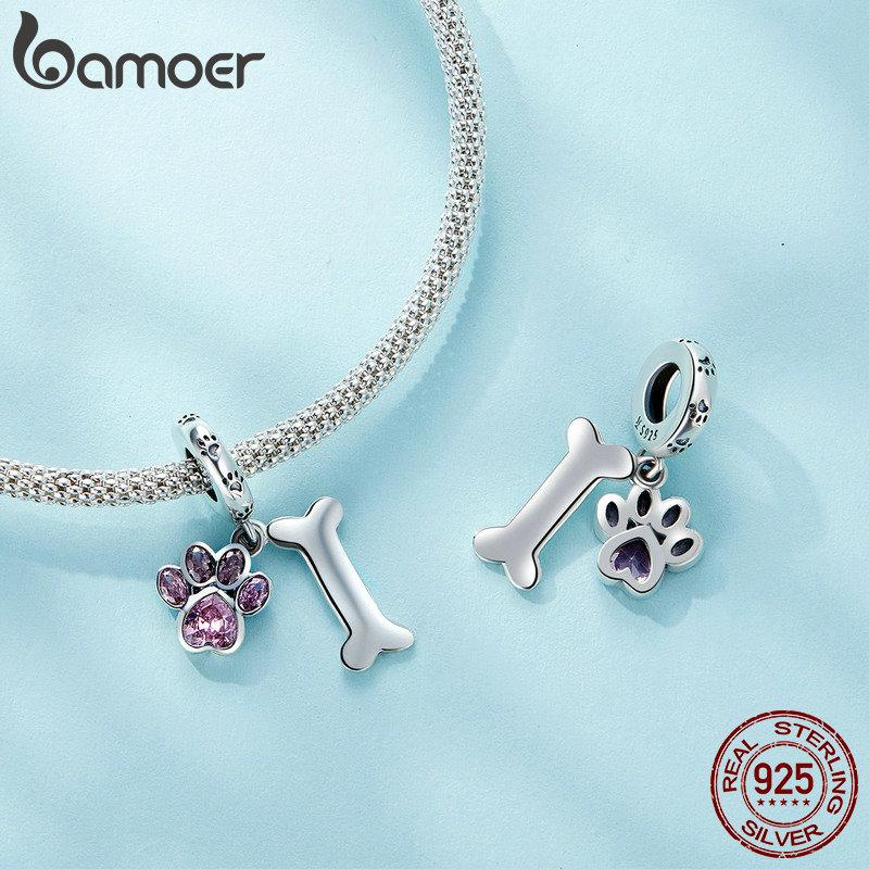BAMOER Gold Plated Pet Dog Charm Beads for Charm Bracelet, Genuine 925 Sterling Silver Border Collie Dachshund Schnauzer Pendant