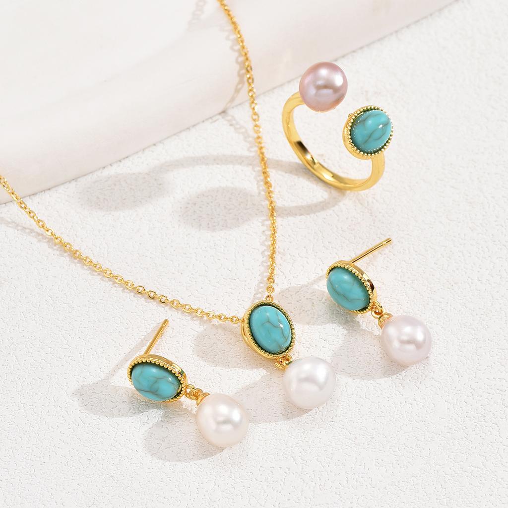Simple literary and retro style earrings necklace ring set niche inlaid pearl stud earrings versatile ring jewelry