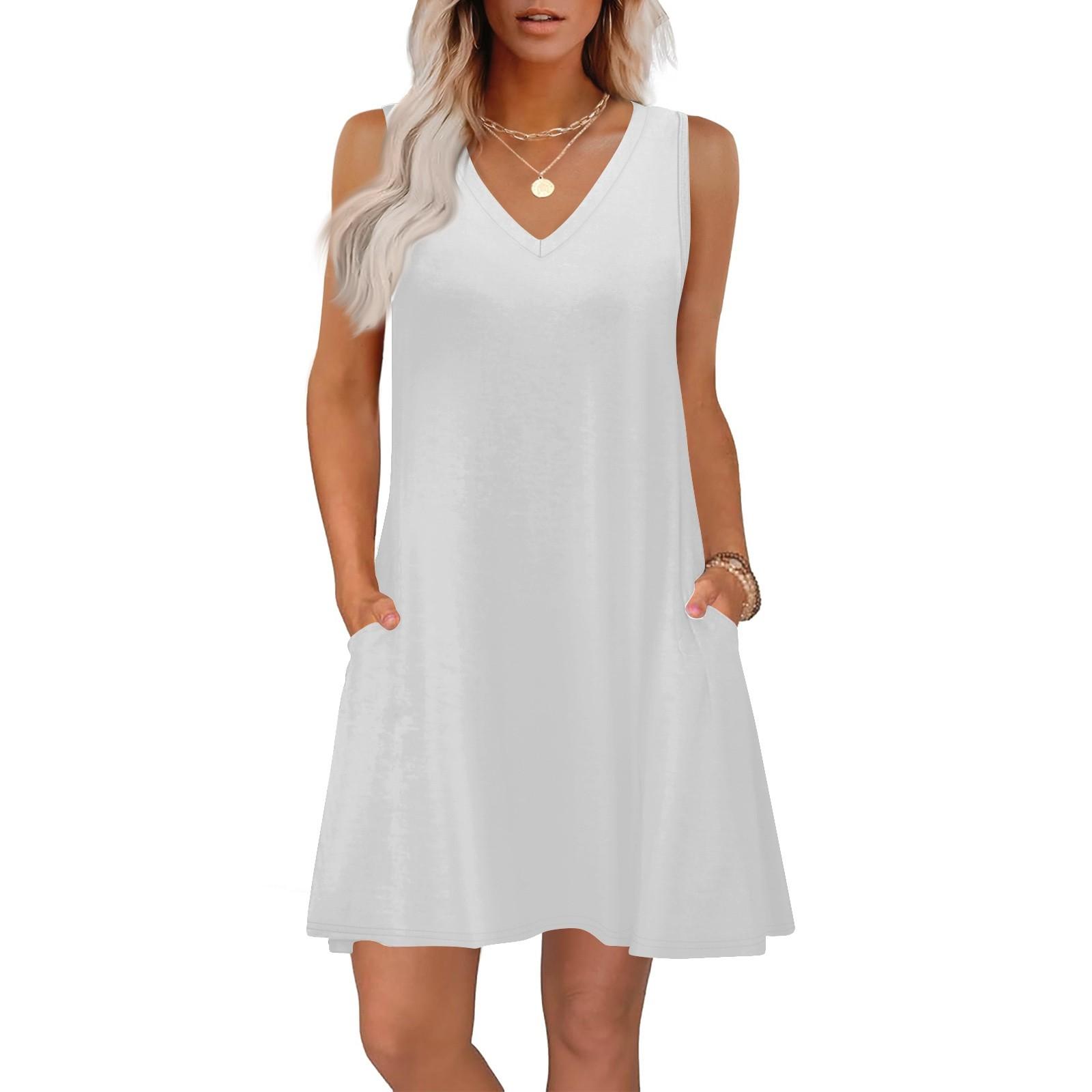Sommerkleider für Damen, lockere Passform, einfarbig, V-Ausschnitt, ärmellos, Sommerkleider, Strand, Hawaiikleid mit Taschen M weiß