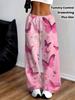 Women's Plus Size Pink Butterfly Print Wide Leg Yoga Sweatpants Abdominal Control Fitness Pants