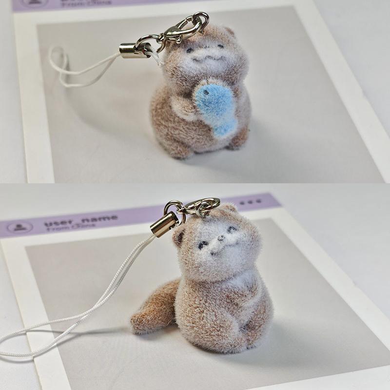 Lovely 3D Flocked Otter Pendant Keychain Cute Cartoon Backpack Charm  Animal Keyring Bag Hanging Decoration Accessories