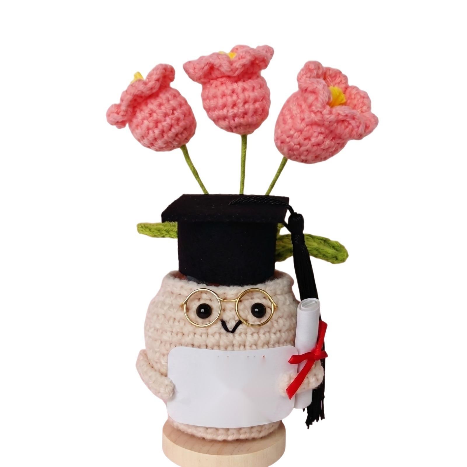 

Knitted Graduation Doll with Potted Plant Design Handmade Crochet Plush Toy Graduation Gift Decoration with Wooden Base and Accessories One Size