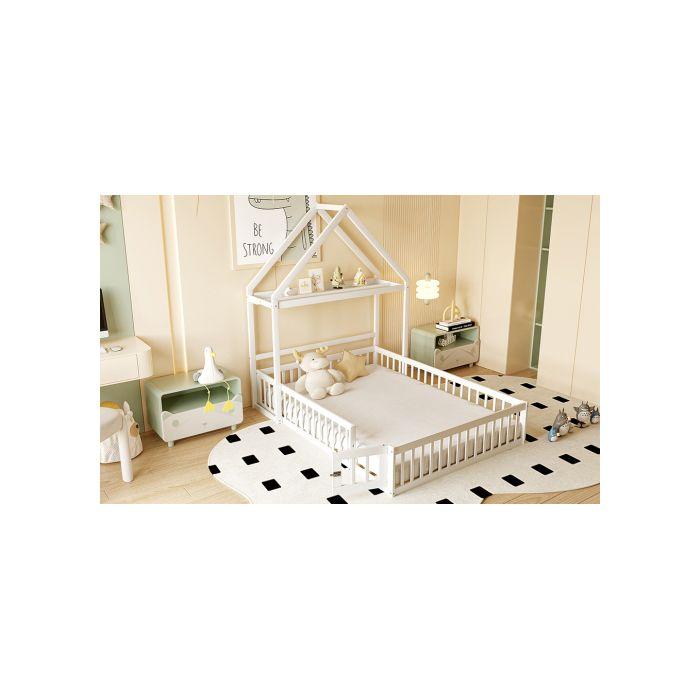 Lit bébé 140 x 200 avec espace de rangement, garde-corps complets, porte et sommier à lattes, blanc