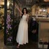Elegant French White Sleeveless Summer Dress with Slimming Square Neck and Cinched Waist