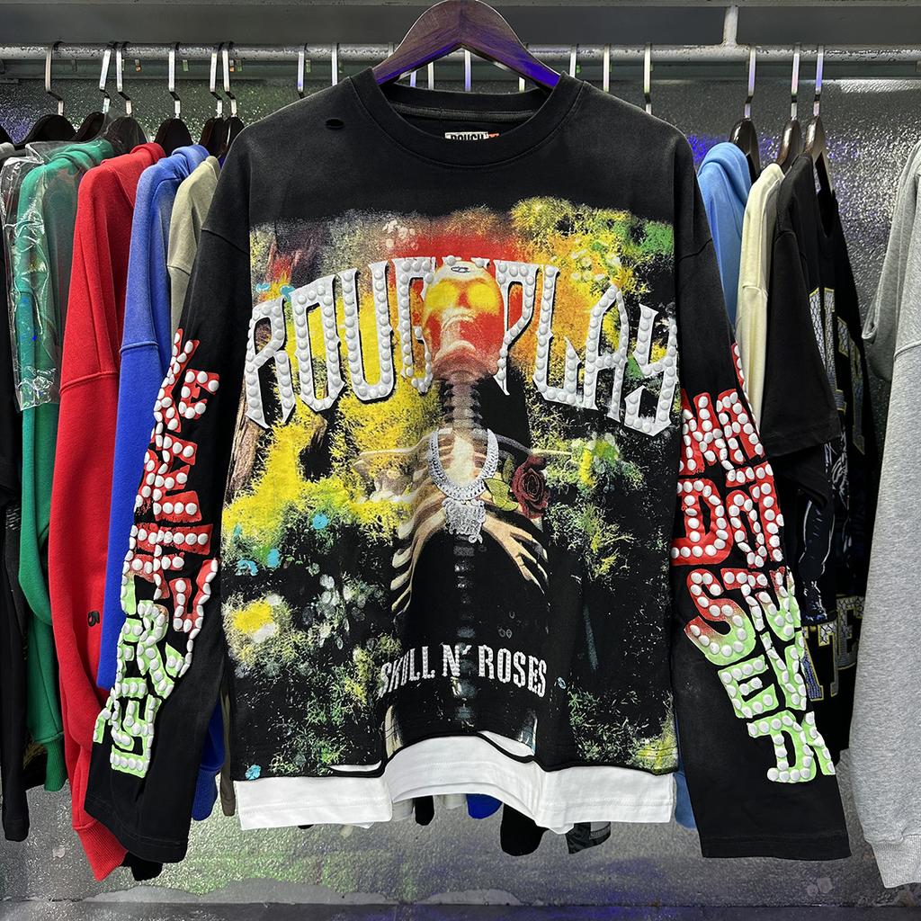 Retro Grunge Kostra a Růže Grafické Dlouhý Rukáv Tričko, Kamínky Streetwear pro Muže/Ženy