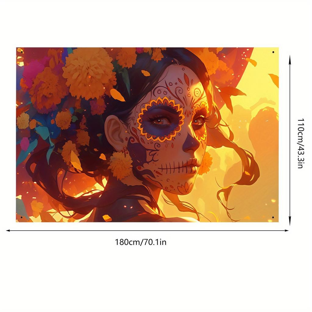 1pc Death's Day party banner featuring vivid Mexican skull and peanut designs no need for electricity