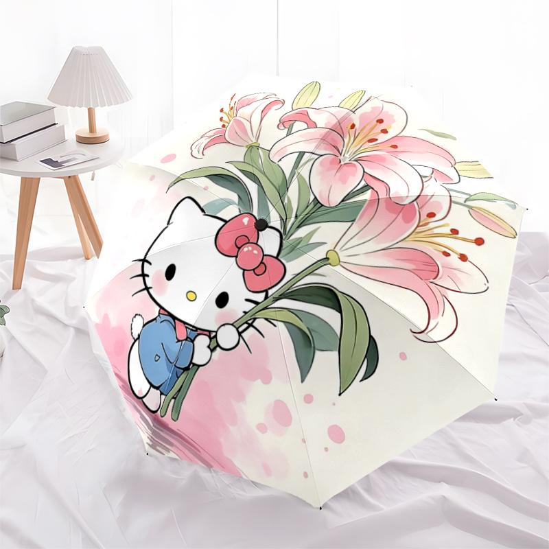 1pc Hello Kitty Pink Lily Bouquet with Automatic Opening/Closing Umbrella, Portable Tri-Fold Design, 8-Bone Iron Frame Outdoor Umbrella, Ideal Gift fo