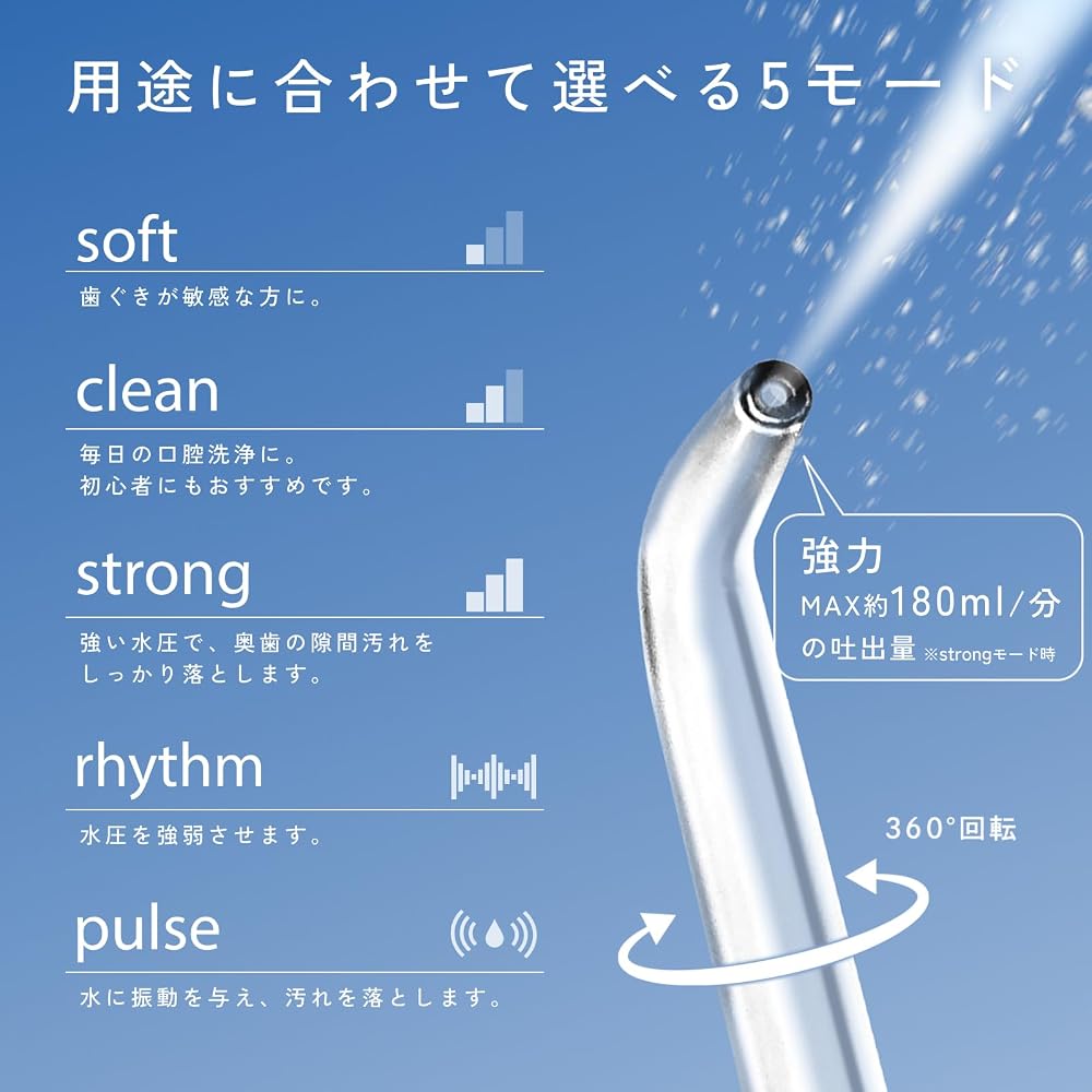 Dretec Portable Oral Irrigator Jet Clean USB Rechargeable 160ml IPX7 Waterproof 5 Modes with 2 Nozzles White