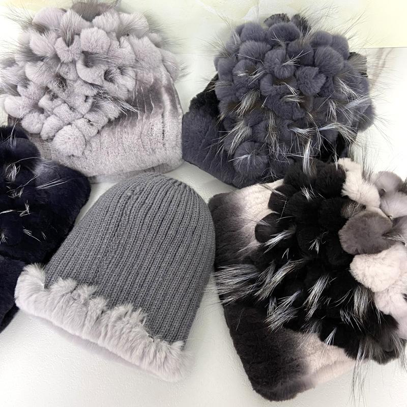 New Natural Rabbit Fur Hats for Women Striped Floral Fox Fur Beanies Female Winter Warm Knitted Outdoor Thick Snow Caps Beanies
