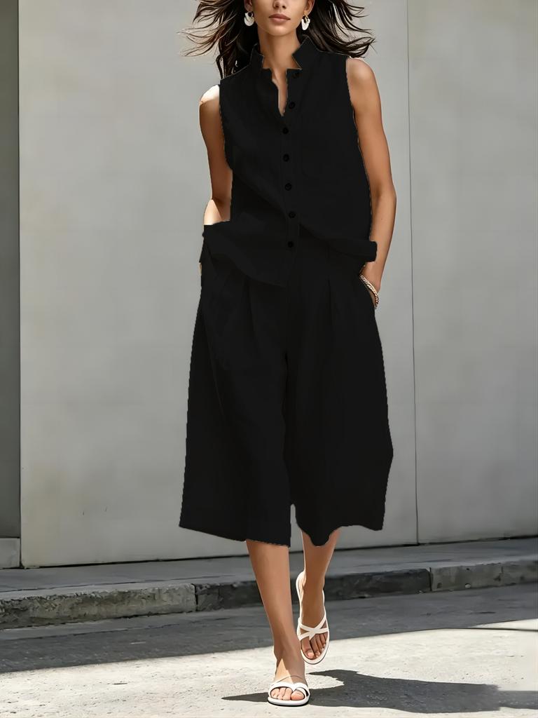 Dámský 2dílný set z lněné směsi: Bezrukávová košile na knoflíky a culottes. Ležérní letní outfit