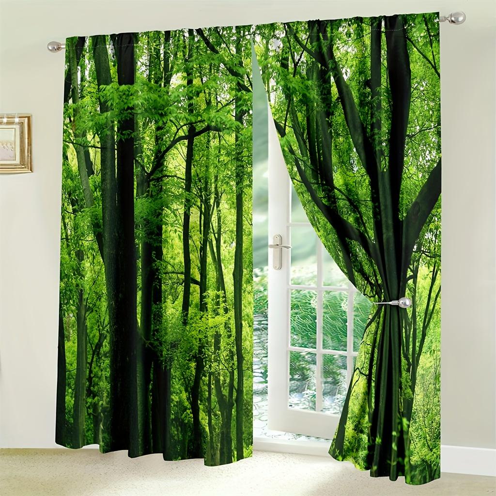 2Pcs Polyester Forest Green Trees Printing Window Curtains Birthday Party Decoration Backdrop Drapes for Living Room