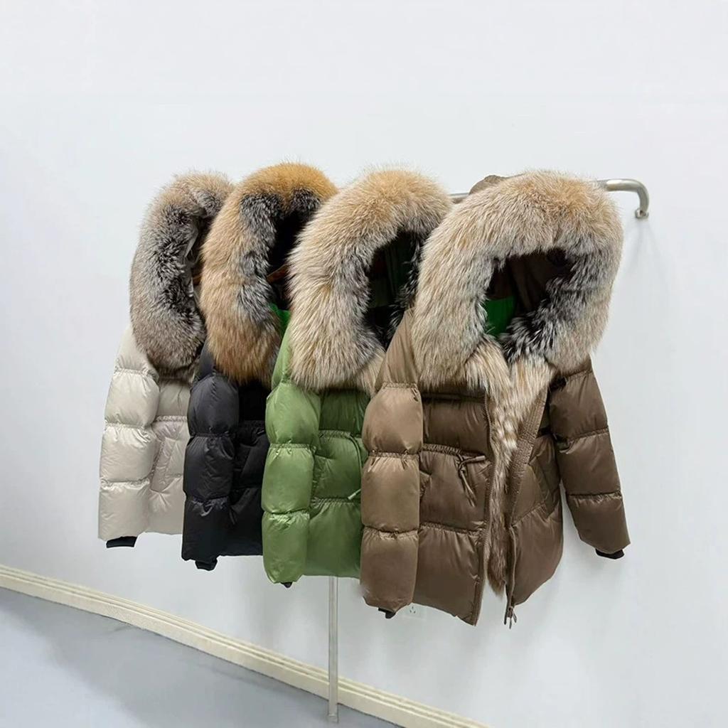 Europe Station's new luxury fur fox big fur collar white goose down jacket women's medium and long thickened coat