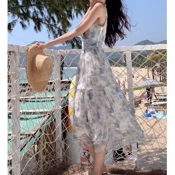 Coffee Break French Super Beautiful Floral Suspender Dress Women's Summer New Seaside Vacation Style Beautiful Long Dress