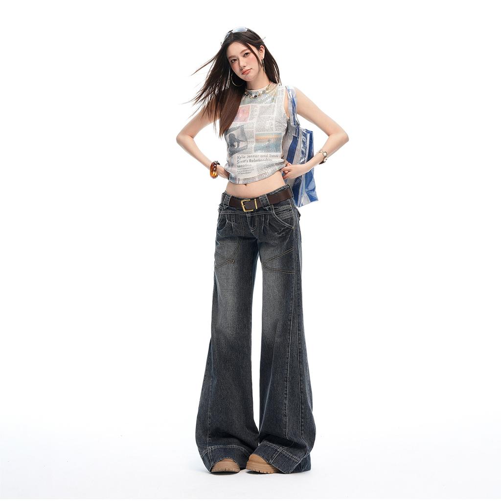 American retro micro-pull jeans women's summer new low-rise thin bright line design non-stick leg flared pants