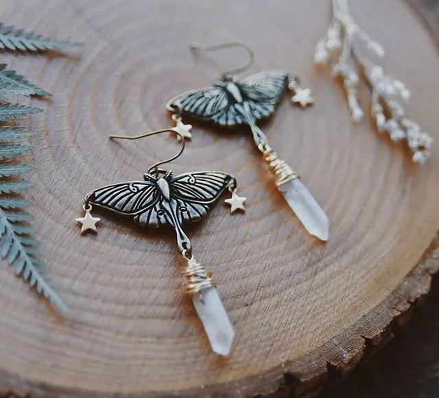 Silver Moonstone Moth & Quartz Celestial Earrings