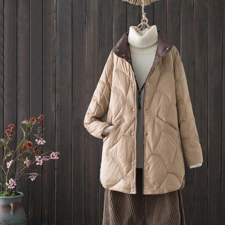 

Women White Duck Down Coat Winter Stand Collar Long Sleeve Thin Light Loose Casual Single Breasted Solid Color 7XL червоний