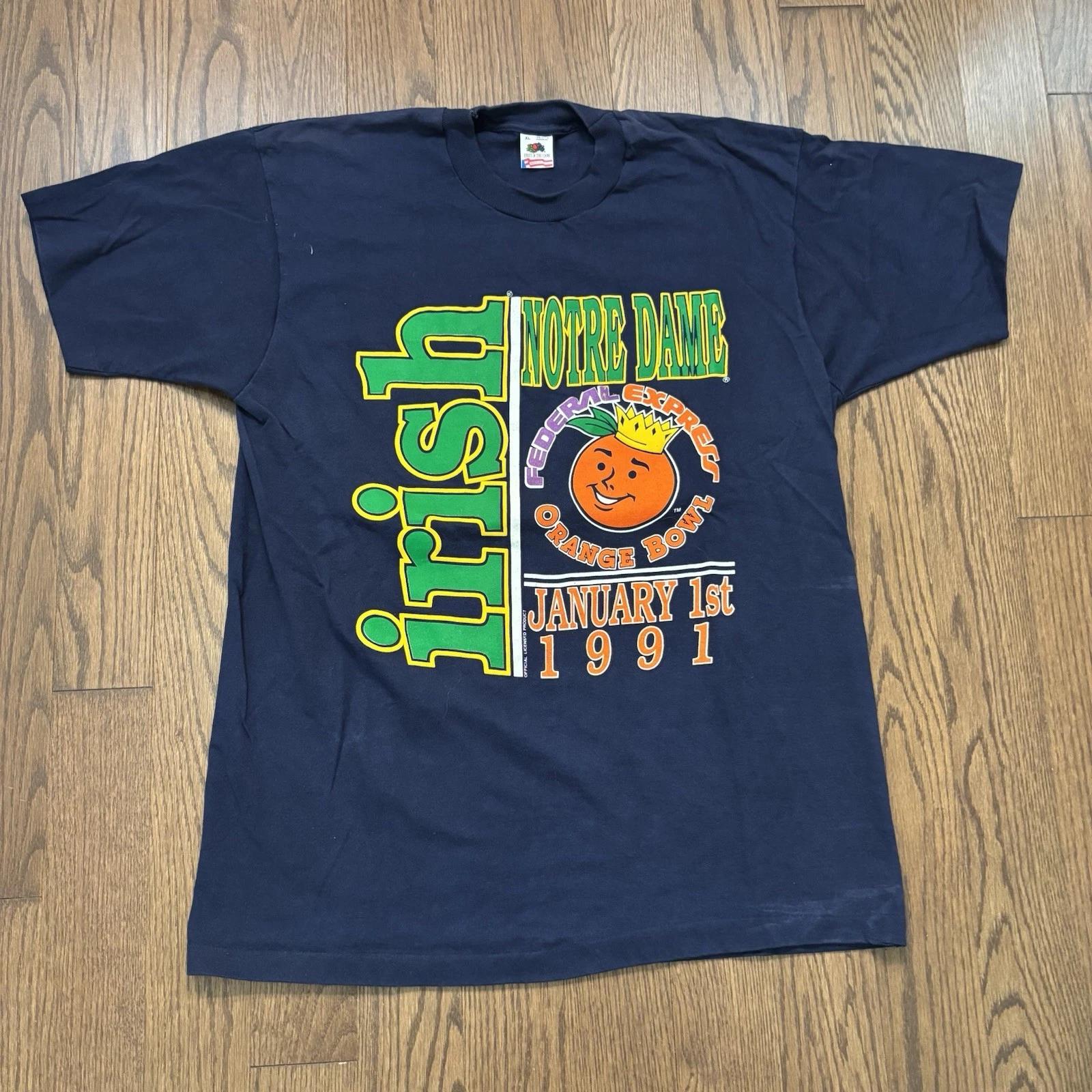 Vintage 90s Notre Dame College Football T Shirt Orange Bowl Tee 2XL