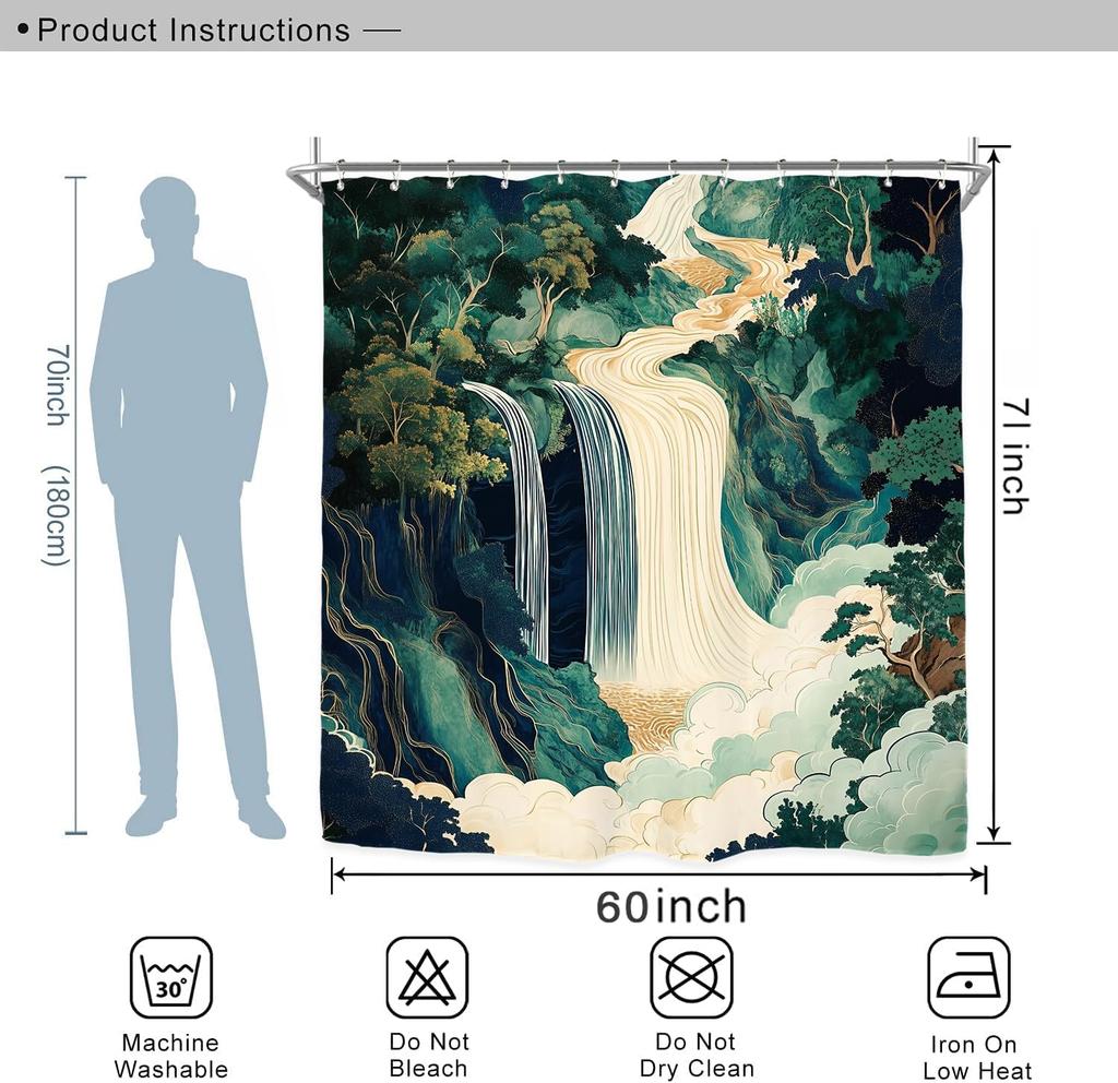 Abstract Waterfall Forest Shower Curtain Set Emerald Green Japanese Hokusai Aesthetic Landscape Forest Tree Polyester Waterproof