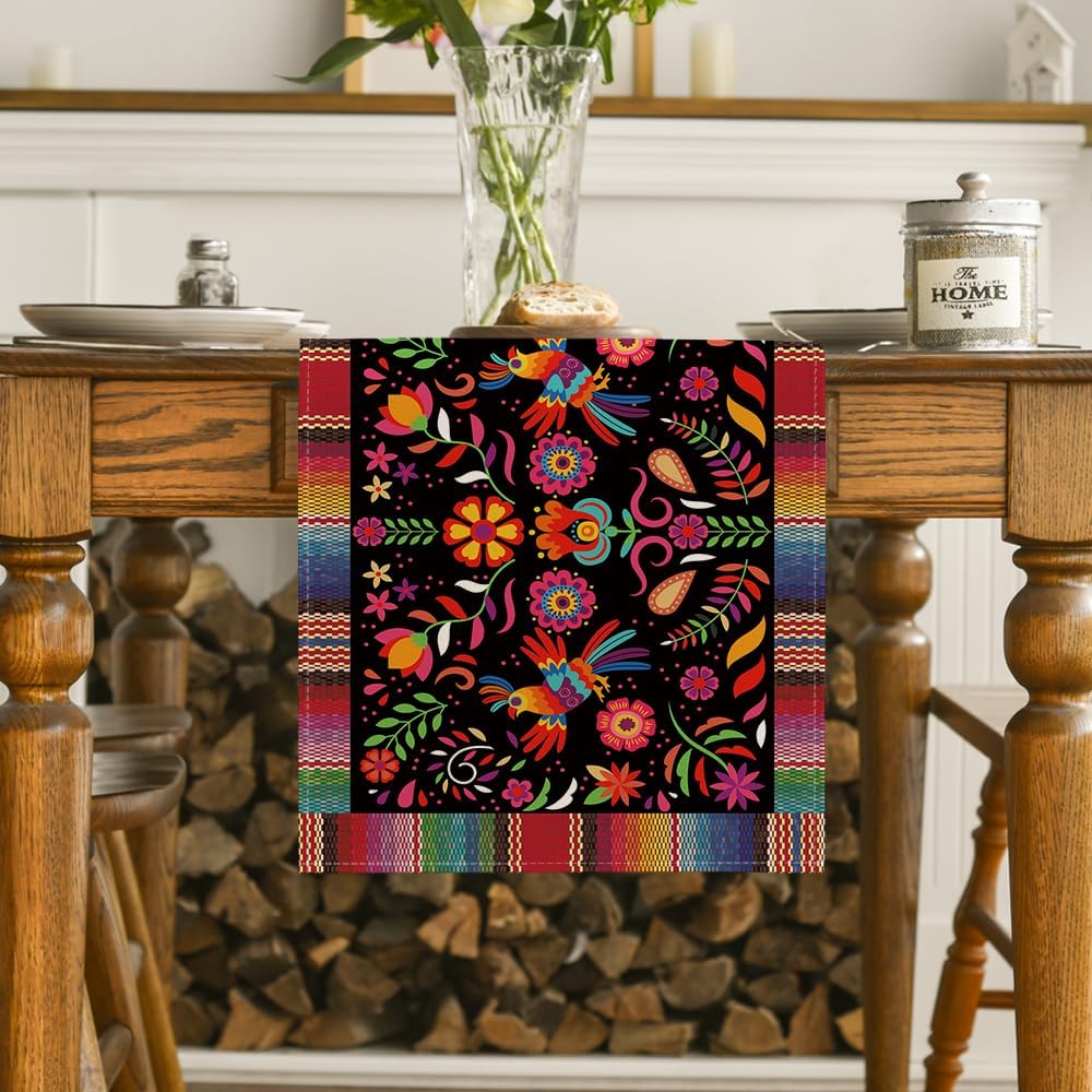 Mexican Day of The Dead Linen Table Runner Home Decor Washable Mexico Dia De Los Muertos Table Runners Fiesta Party Decorations