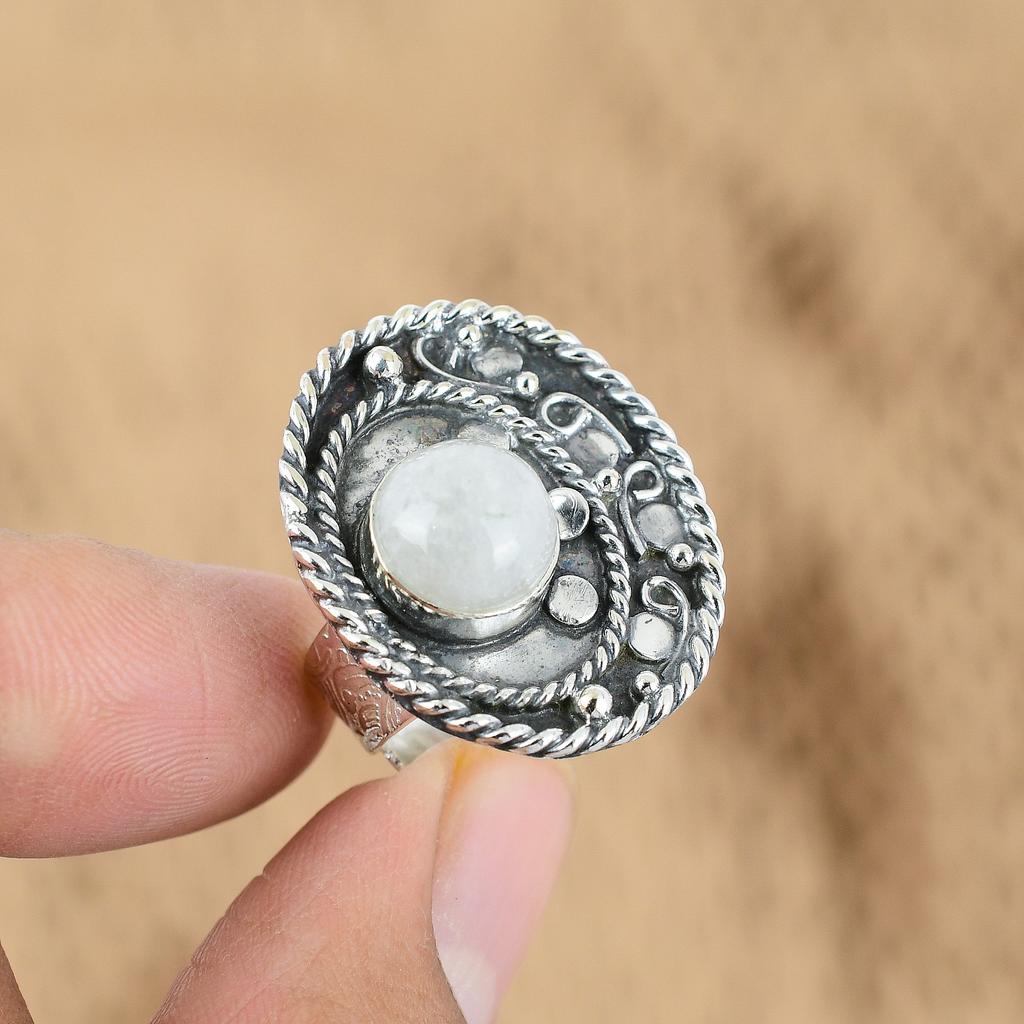 Natural Rainbow Moonstone Gemstone 925 Silver Promise Adjustable Ring For Women