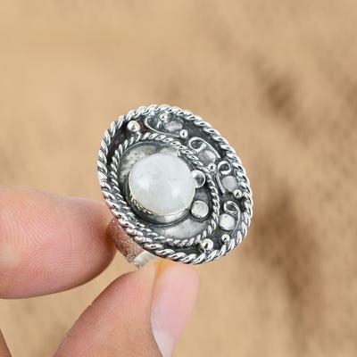 Natural Rainbow Moonstone Gemstone 925 Silver Promise Adjustable Ring For Women