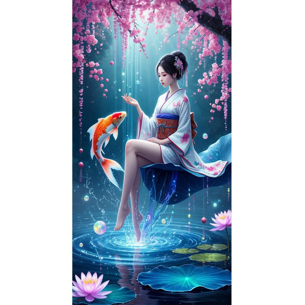 Large Size Mosaic DIY Full Diamond Painting Kits Art Beautiful Japanese Geisha and Koi Fish Embroidery Cross Stitch Rhinestones