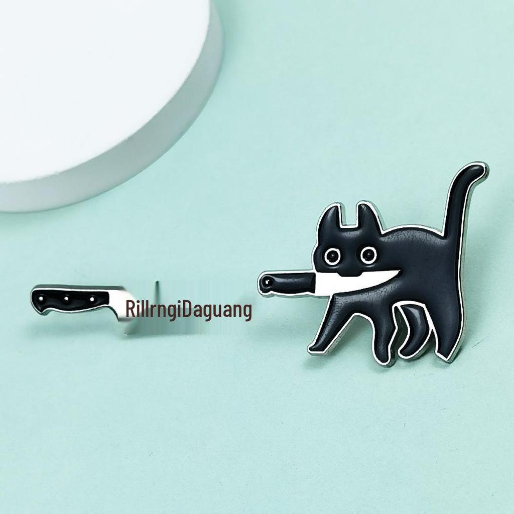 Black Cat Cartoon Knife Brooch with English Letter Design - Creative Fashion Bag Accessory Badge