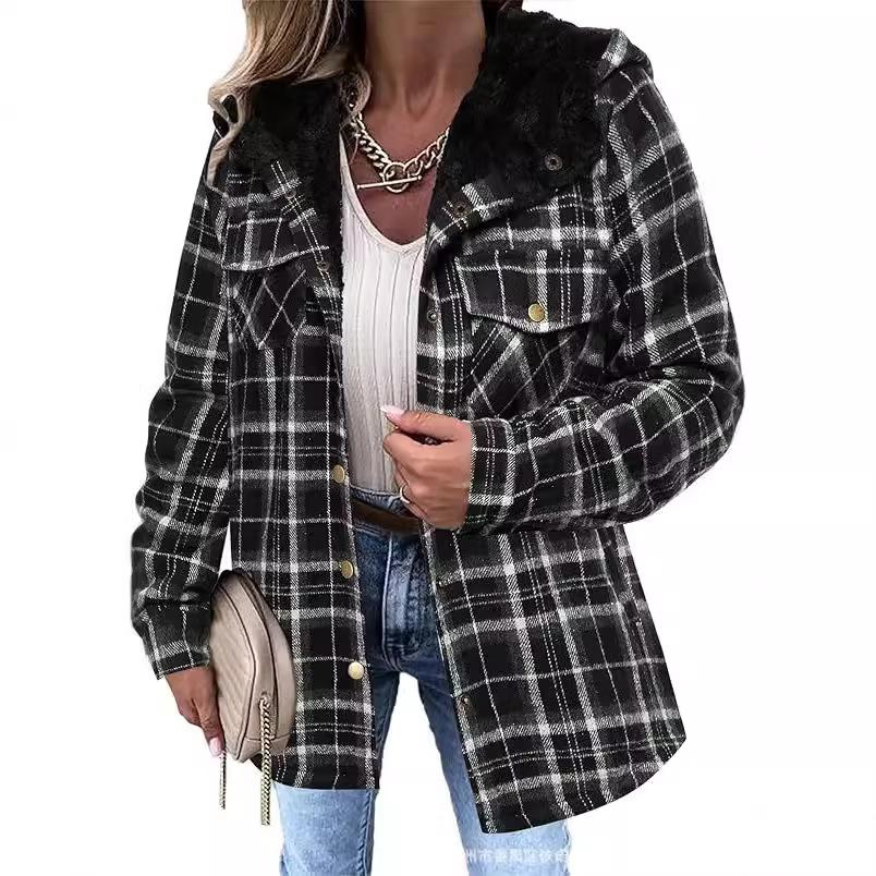 Women's Checkered Plaid Fleece-Lined Jacket, Cozy Outerwear with Soft Collar