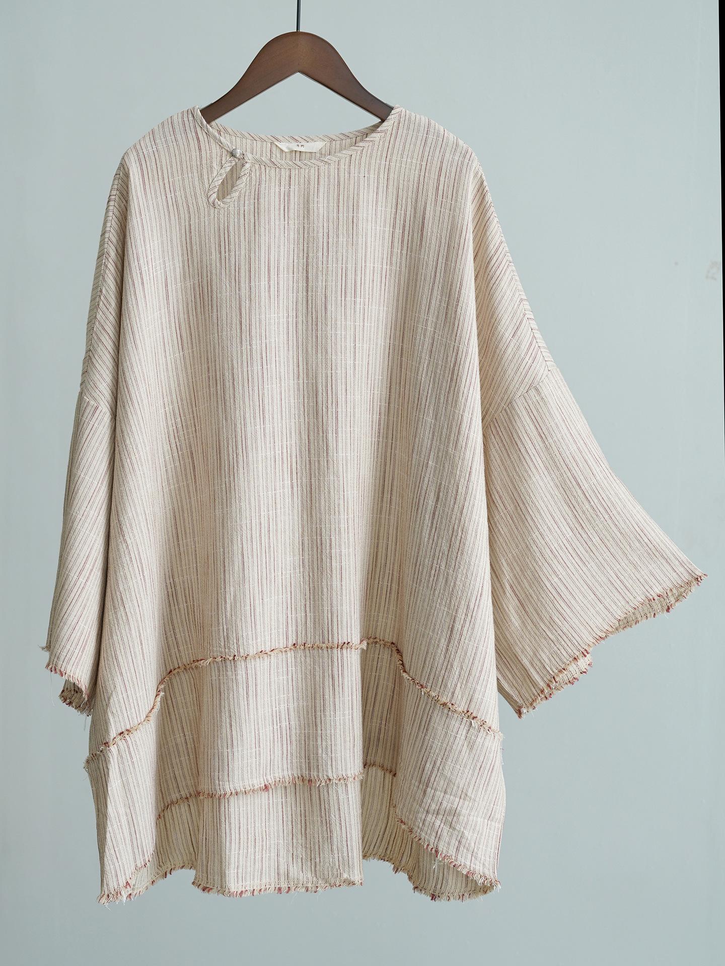 

Johnature Women Vintage Striped T-Shirts O-Neck Long Sleeve Spring Loose Linen Patchwork Chinese Style T-Shirts One Size