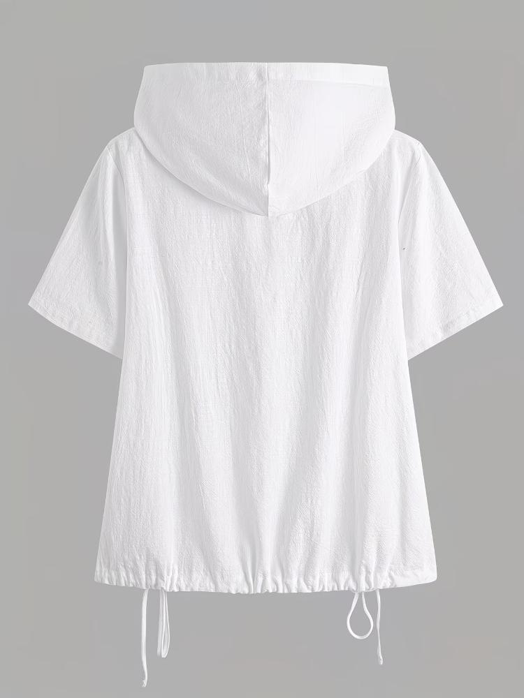 Women Loose Solid Color Hooded Collar Short Sleeve Front Button Pullover