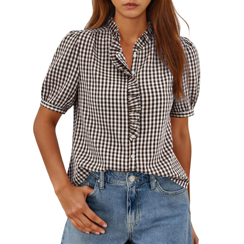 Damska Modna Koszulka T-shirt Top w Kratkę z Dekoltem V na Guziki, Codzienny, Lekki, Krótki Rękaw, z Falbanką
