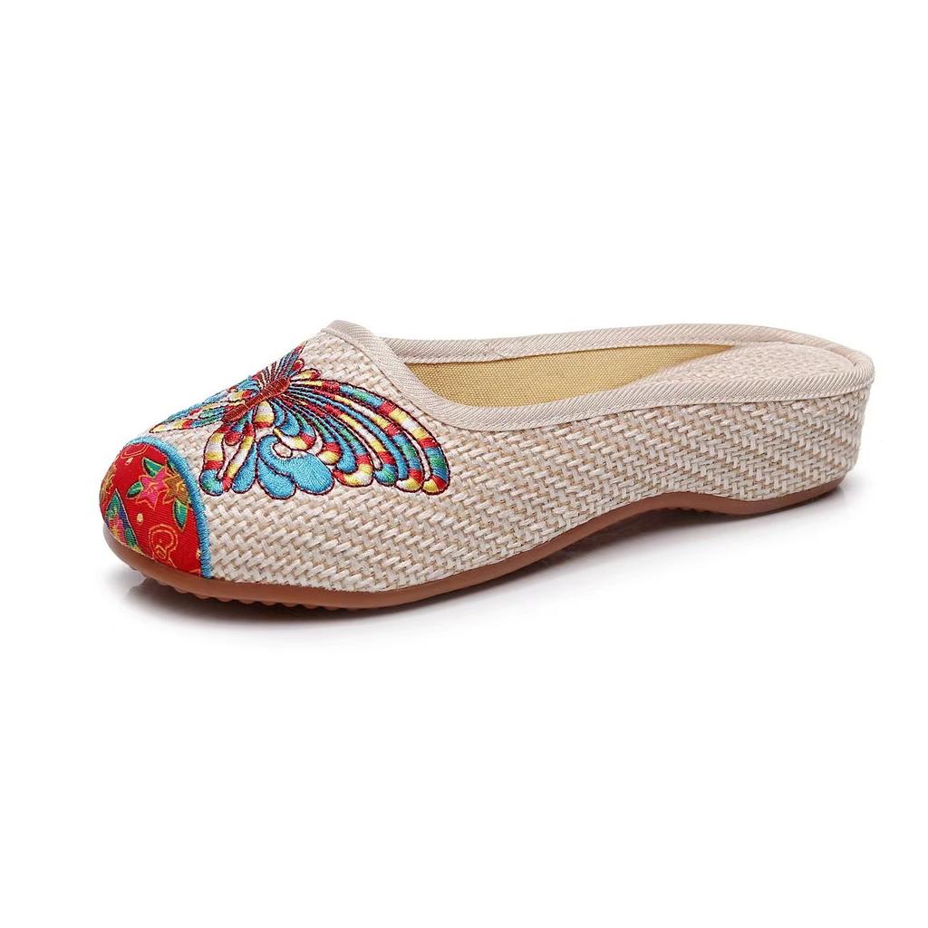Butterfly embroidered slippers women's cloth shoes bag head sandals ethnic style summer walking shoes old Beijing beef tendon sole slippers