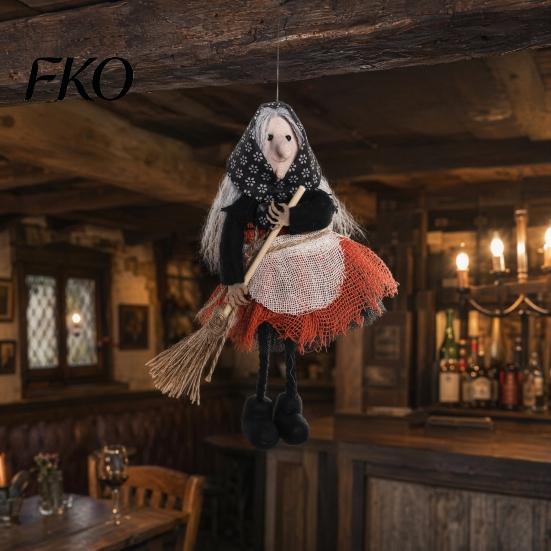 Halloween Holiday Decor Witch Broomstick Hanging Ornament, Spooky Fabric Pendant for Party Bar Home, Trick or Treat Festive Decoration Gift