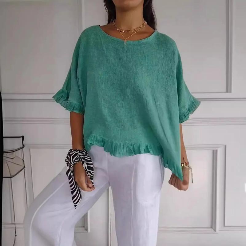 

Cotton Blouse Shirts Summer O-Neck Short Sleeve Loose Casual Linen Blouse Tops Summer Cothes For Women Streetwear Blusa S зелёный