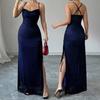 Women's Spaghetti Strap Mesh Ruched Split Maxi Dress Sweetheart Neck Bodycon Party Evening Dress
