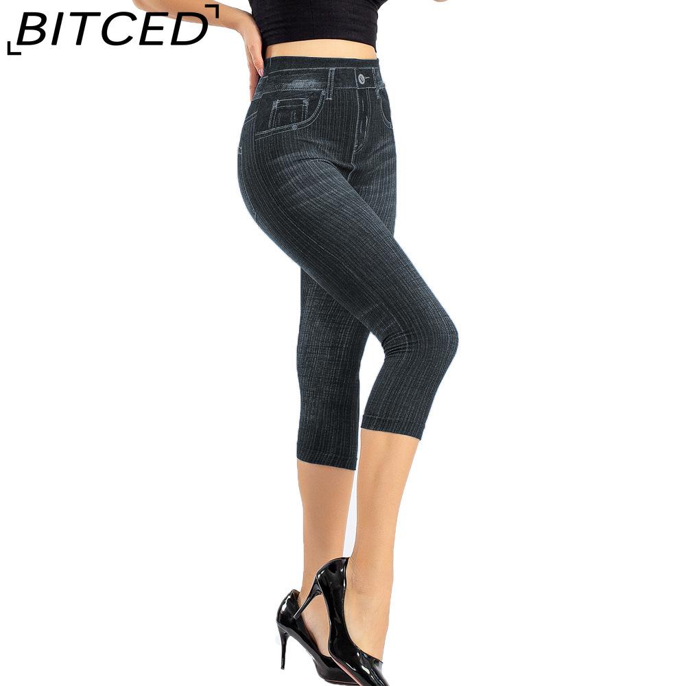 BITCED Women Denim Print Leggings Fashion Slim Leggings Faux Jeans Leggings Short Print Leggings Pants