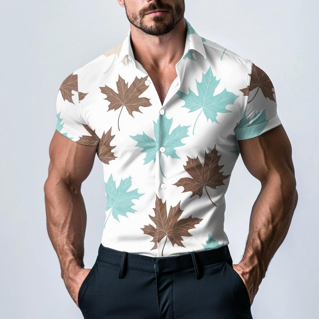 Pánská módní tištěná saténová košile s krátkým rukávem